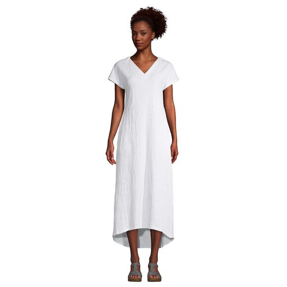 Lands' End V Neck Short Sleeve Caftan White Cotton Midi Dress Kaftan maxi size S - Picture 1 of 5